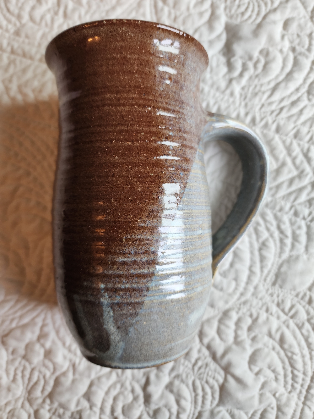 Hand Thrown Pottery Mug - Signed by Artist Potvin - 7" Tall XL - Grey & Brown